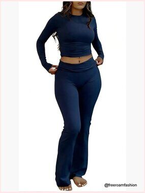 2 Piece Lounge Set: Crop Top & Flare Pants, Tummy Control, Soft Knit